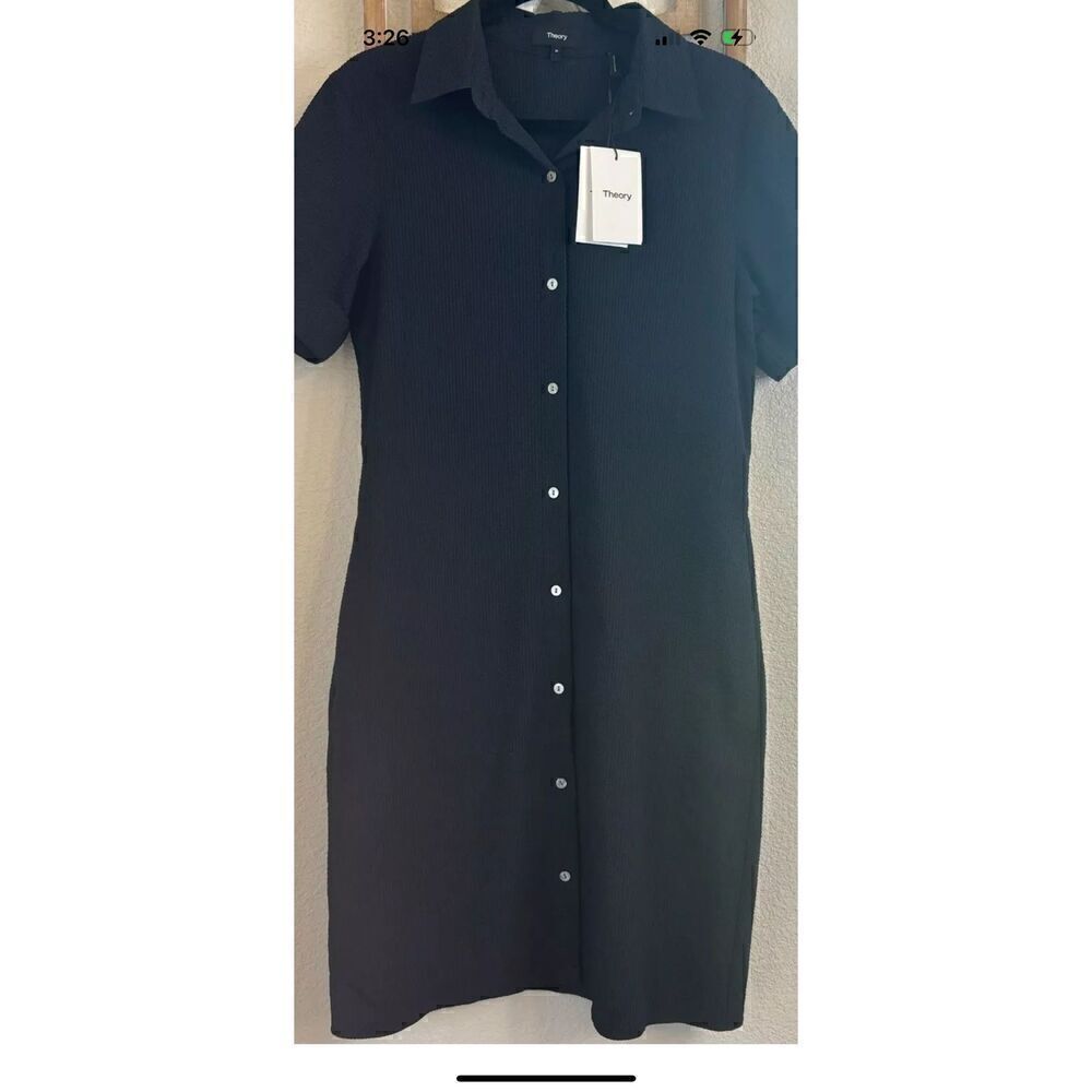 Theory Navy Blue Seersucker Dress Size Large * missing belt - Picture 5 of 13